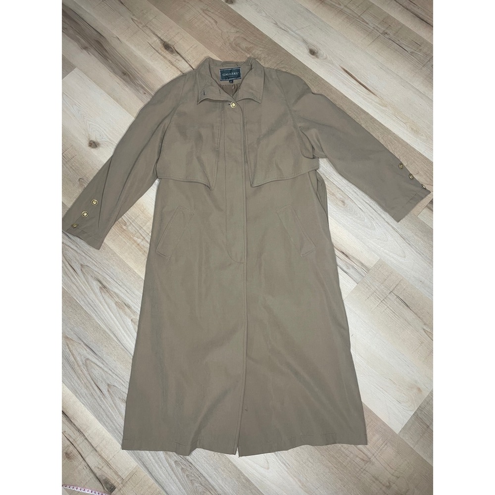 Gallery Petite Womens Tan Khaki Trench Coat Gold Crest Buttons Size 12 Petite - Picture 8 of 13